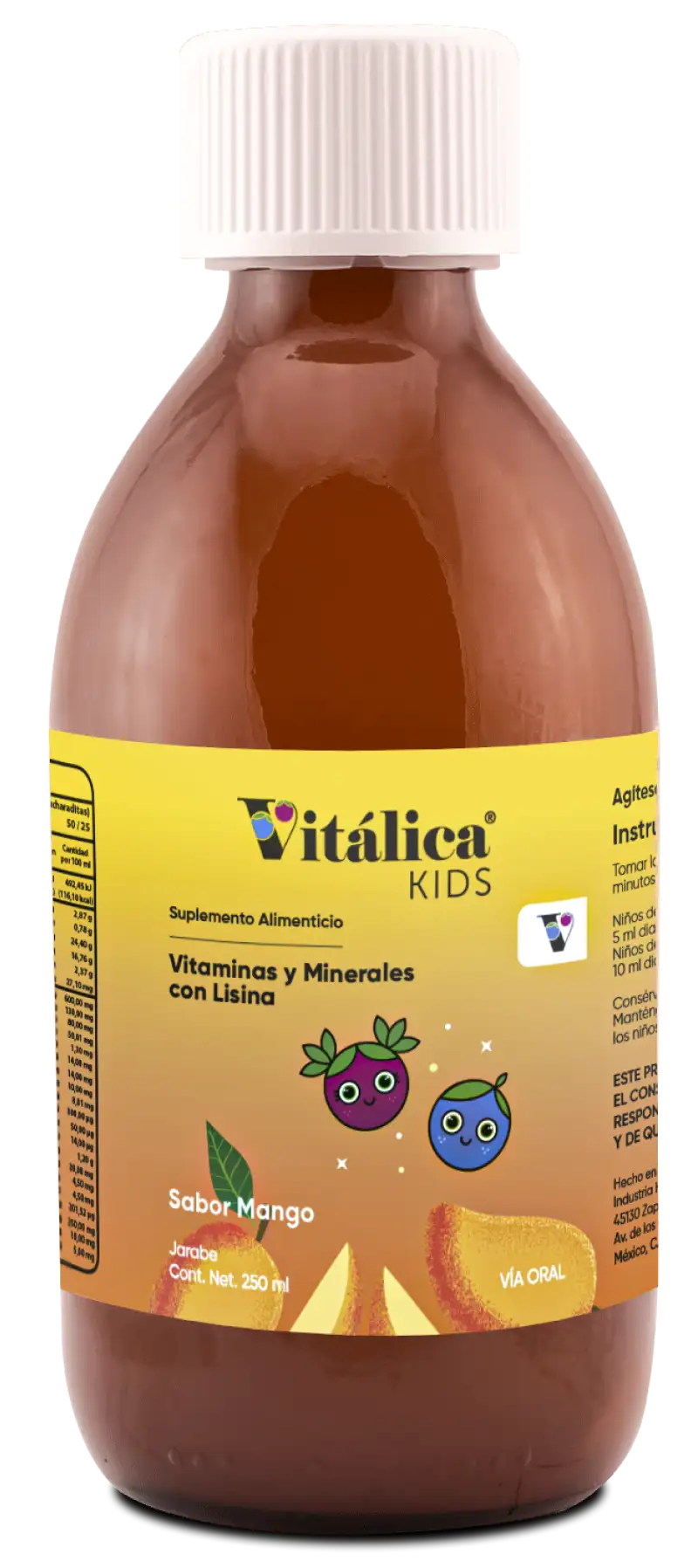 frasco vitalica kids rodeado de mangos